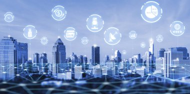 Modern yaratıcı iletişim ve internet ağı akıllı şehirde birleşir. 5G kablosuz dijital bağlantı ve gelecekteki şeylerin interneti kavramı.