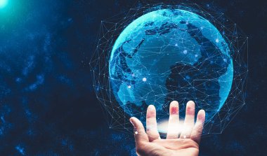 Modern yaratıcı iletişim ve internet ağı akıllı şehirde birleşir. 5G kablosuz dijital bağlantı ve gelecekteki şeylerin interneti kavramı.