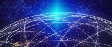 3 boyutlu illüstrasyon modern yaratıcı iletişim ve internet ağ haritası akıllı şehirde bağlanıyor. Uluslararası 5G kablosuz dijital bağlantı kavramı ve gelecekteki şeylerin interneti.