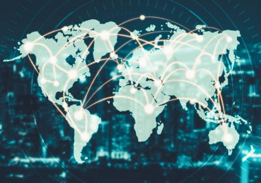 Modern yaratıcı iletişim ve internet ağı akıllı şehirde birleşir. 5G kablosuz dijital bağlantı ve gelecekteki şeylerin interneti kavramı.