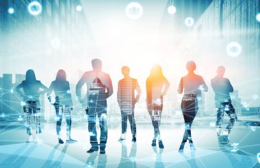 İş ortaklığı anlaşmasının başarısını gösteren birçok iş adamının şehir merkezindeki grup toplantısının yaratıcı görüntüsü. Takım çalışması, güven ve anlaşma kavramı.