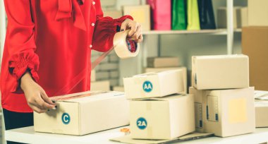Çevrimiçi satıcı ev ofisinde çalışıyor ve teslimat kutusunu müşteriye paketliyor. İnternette e-ticaret yapan küçük işletme sahibi ya da girişimci.
