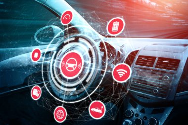 Otomatik kontrol sistemi için fütüristik gösterge paneli olan sürücüsüz bir araba. İnsan sürücüsü olmadan araba sürmek için yapay zeka sensörü kullanan kokpit HUD teknolojisi. .