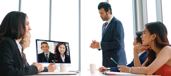 Videogesprek Groep Zakelijke Mensen Vergadering Virtuele Werkplek Afstand Kantoor Telework — Stockfoto