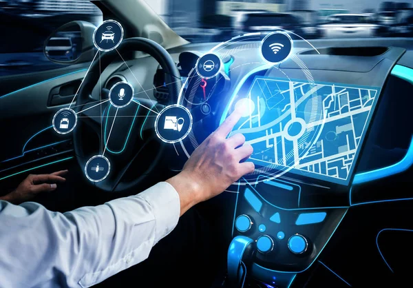 Driverless Car Interior Futuristic Dashboard Autonomous Control System View Cockpit — Stock Photo, Image