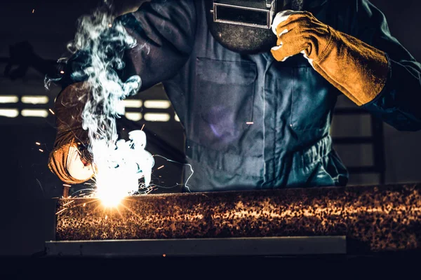 Metal Welder Working Arc Welding Machine Weld Steel Factory While — Stock Photo, Image