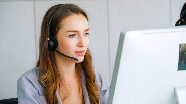 Business People Wearing Headset Working Office Support Remote Customer Colleague — Stock Photo, Image