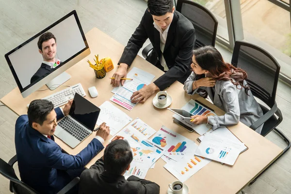 Grupo Chamadas Vídeo Reunião Empresários Local Trabalho Virtual Escritório Remoto — Fotografia de Stock