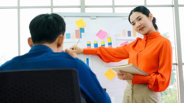 Young Woman Explains Business Data White Board Casual Office Room — Stock Photo, Image