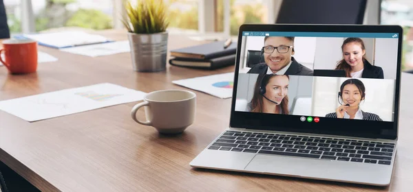 Videó Hívás Üzletemberek Találkozó Virtuális Munkahelyen Vagy Távoli Irodában Telework — Stock Fotó