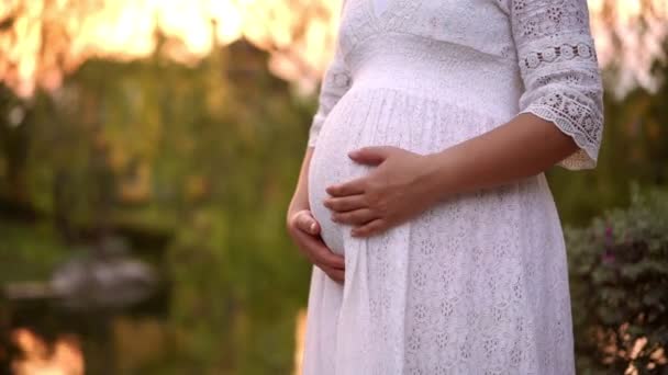 Donna incinta si sente felice a casa giardino. — Video Stock