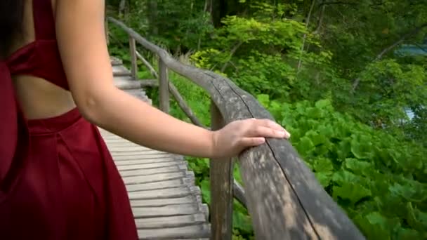 Femme voyageur bénéficie d'une cascade dans les lacs de Plitvice — Video