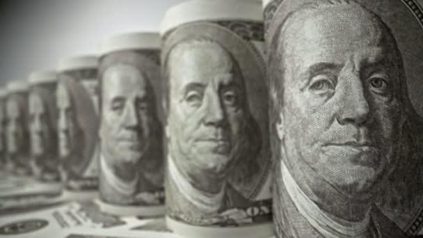 Nota de papel de cem dólares americana em close-up macro vista dolly shot. — Vídeo de Stock