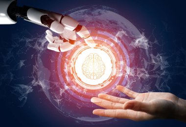 3D Rending gelecekteki robot teknolojisi geliştirme, yapay zeka yapay zeka ve makine öğrenme konsepti. İnsan hayatının geleceği için küresel robot biyonik bilim araştırması.