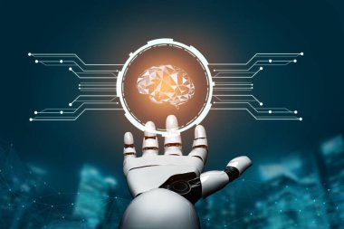 3D Rending gelecekteki robot teknolojisi geliştirme, yapay zeka yapay zeka ve makine öğrenme konsepti. İnsan hayatının geleceği için küresel robot biyonik bilim araştırması.