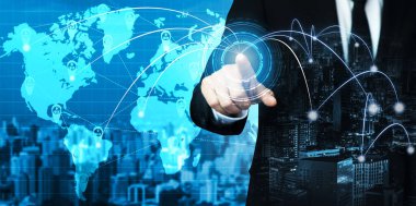 Modern yaratıcı iletişim ve internet ağı akıllı şehirde birleşir. 5G kablosuz dijital bağlantı ve gelecekteki şeylerin interneti kavramı.
