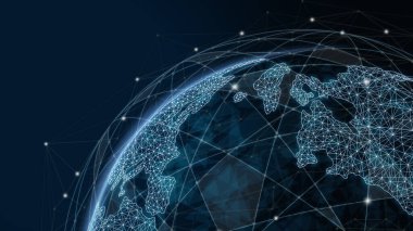 3 boyutlu illüstrasyon modern yaratıcı iletişim ve internet ağ haritası akıllı şehirde bağlanıyor. Uluslararası 5G kablosuz dijital bağlantı kavramı ve gelecekteki şeylerin interneti.