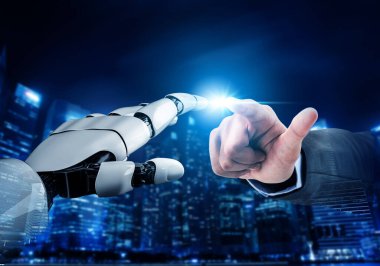 3D Rending gelecekteki robot teknolojisi geliştirme, yapay zeka yapay zeka ve makine öğrenme konsepti. İnsan hayatının geleceği için küresel robot biyonik bilim araştırması.