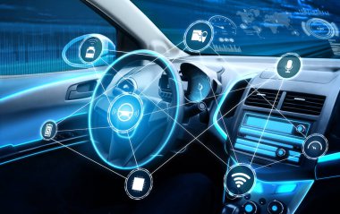 Otomatik kontrol sistemi için fütüristik gösterge paneli olan sürücüsüz bir araba. İnsan sürücüsü olmadan araba sürmek için yapay zeka sensörü kullanan kokpit HUD teknolojisi. .