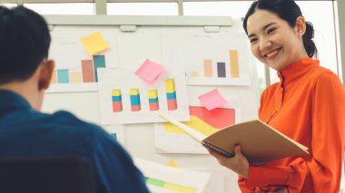 Genç bir kadın günlük ofis odasındaki beyaz tahtadaki iş verilerini açıklıyor. Kendine güvenen Asyalı işkadını, pazar stratejisini belirlemek için ortak olarak yürütülen bir iş projesinin bilgi ilerlemesini rapor etti .