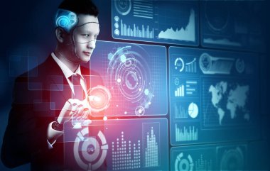 3D Rending gelecekteki robot teknolojisi geliştirme, yapay zeka yapay zeka ve makine öğrenme konsepti. İnsan hayatının geleceği için küresel robot biyonik bilim araştırması.