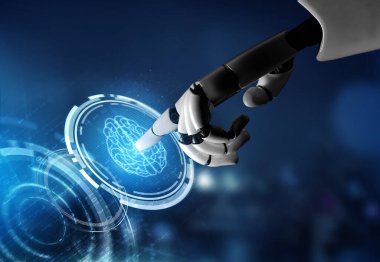3D Rending gelecekteki robot teknolojisi geliştirme, yapay zeka yapay zeka ve makine öğrenme konsepti. İnsan hayatının geleceği için küresel robot biyonik bilim araştırması.