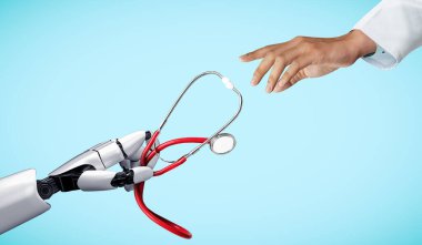 3D tıbbi yapay zeka robotu geleceğin hastanesinde çalışıyor. Hasta ve biyomedikal teknoloji konsepti için gelecekteki protez sağlık hizmetleri.