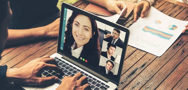 Video call group business people meeting on virtual workplace or remote office. Telework conference call using smart video technology to communicate colleague in professional corporate business.