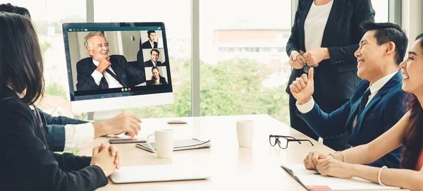 Grupo Chamadas Vídeo Reunião Empresários Local Trabalho Virtual Escritório Remoto — Fotografia de Stock