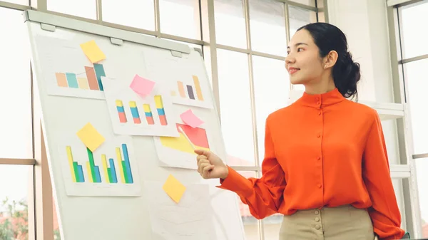 Young Woman Explains Business Data White Board Casual Office Room — Stock Photo, Image