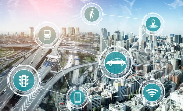 Smart Transport Technology Concept Future Car Traffic Road Virtuální Inteligentní — Stock fotografie