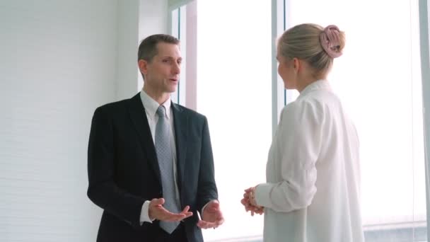 Zwei Geschäftsleute sprechen im Büro über Projektstrategie — Stockvideo