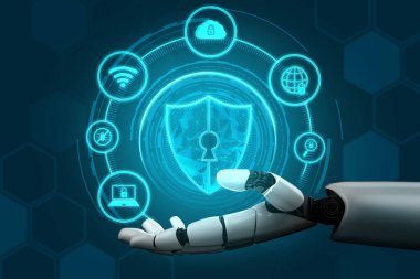 3D Rending gelecekteki robot teknolojisi geliştirme, yapay zeka yapay zeka ve makine öğrenme konsepti. İnsan hayatının geleceği için küresel robot biyonik bilim araştırması.