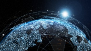3 boyutlu illüstrasyon modern yaratıcı iletişim ve internet ağ haritası akıllı şehirde bağlanıyor. Uluslararası 5G kablosuz dijital bağlantı kavramı ve gelecekteki şeylerin interneti.