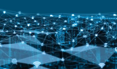 Modern yaratıcı iletişim ve internet ağı akıllı şehirde birleşir. 5G kablosuz dijital bağlantı ve gelecekteki şeylerin interneti kavramı.