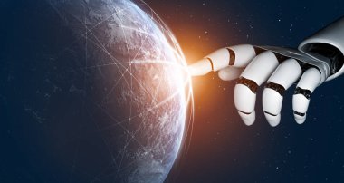 3D Rending gelecekteki robot teknolojisi geliştirme, yapay zeka yapay zeka ve makine öğrenme konsepti. İnsan hayatının geleceği için küresel robot biyonik bilim araştırması.