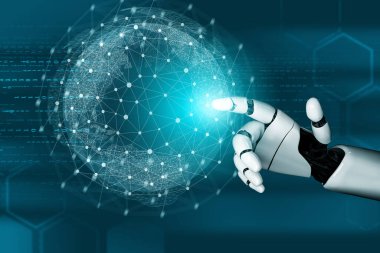3D Rending gelecekteki robot teknolojisi geliştirme, yapay zeka yapay zeka ve makine öğrenme konsepti. İnsan hayatının geleceği için küresel robot biyonik bilim araştırması.