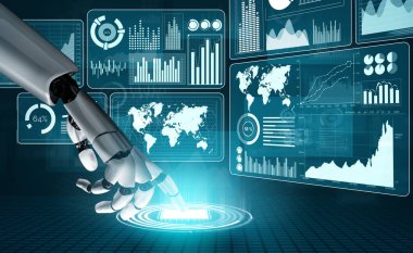 3D Rending gelecekteki robot teknolojisi geliştirme, yapay zeka yapay zeka ve makine öğrenme konsepti. İnsan hayatının geleceği için küresel robot biyonik bilim araştırması.