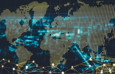 Modern yaratıcı iletişim ve internet ağı akıllı şehirde birleşir. 5G kablosuz dijital bağlantı ve gelecekteki şeylerin interneti kavramı.