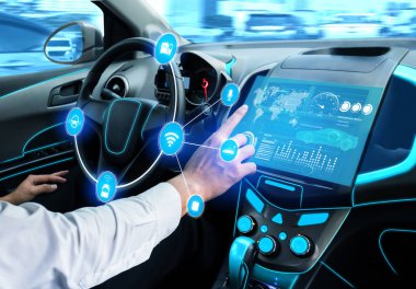 Otomatik kontrol sistemi için fütüristik gösterge paneli olan sürücüsüz bir araba. İnsan sürücüsü olmadan araba sürmek için yapay zeka sensörü kullanan kokpit HUD teknolojisi. .