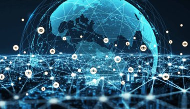 Modern yaratıcı iletişim ve internet ağı akıllı şehirde birleşir. 5G kablosuz dijital bağlantı ve gelecekteki şeylerin interneti kavramı.