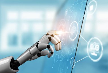 3D Rending gelecekteki robot teknolojisi geliştirme, yapay zeka yapay zeka ve makine öğrenme konsepti. İnsan hayatının geleceği için küresel robot biyonik bilim araştırması.