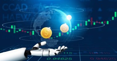 3D Rending gelecekteki robot teknolojisi geliştirme, yapay zeka yapay zeka ve makine öğrenme konsepti. İnsan hayatının geleceği için küresel robot biyonik bilim araştırması.