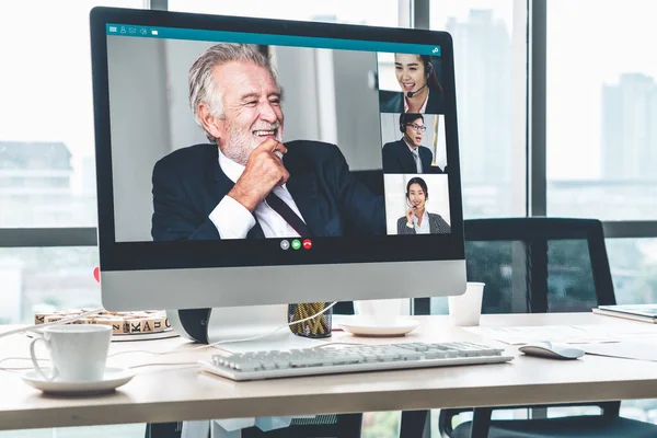 Appel Vidéo Des Gens Affaires Réunissant Sur Lieu Travail Virtuel — Photo