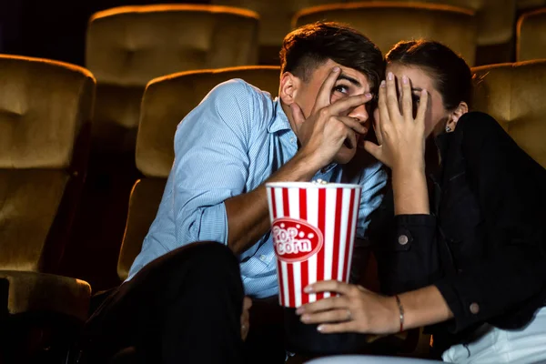 Couple Lovers Watching Movie Shock Eyes Close Movie Theater Cinema — Stock Photo, Image