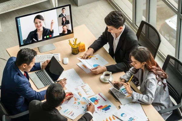 Grupo Chamadas Vídeo Reunião Empresários Local Trabalho Virtual Escritório Remoto — Fotografia de Stock