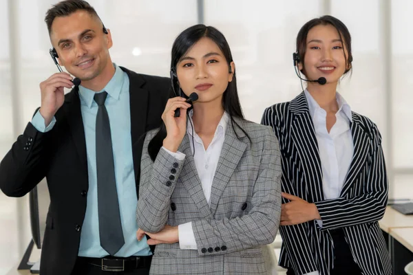 Business People Wearing Headset Working Office Support Remote Customer Colleague — Stock Photo, Image