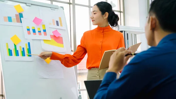 Young Woman Explains Business Data White Board Casual Office Room — Stock Photo, Image
