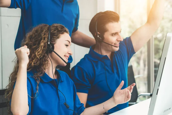 Business People Wearing Headset Celebrate Working Office Call Center Telemarketing — Stock Photo, Image