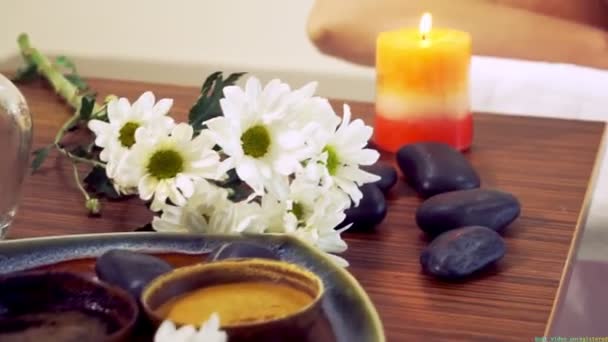 Hot stone massage treatment by therapist in spa. — Stock Video